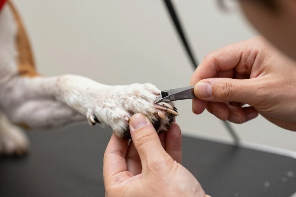 American Foxhound receiving nail trimming care