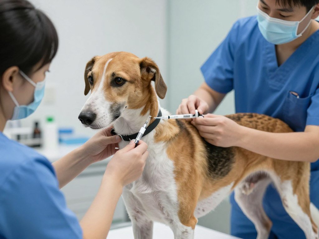 American Foxhound receiving vaccination from veterinarian