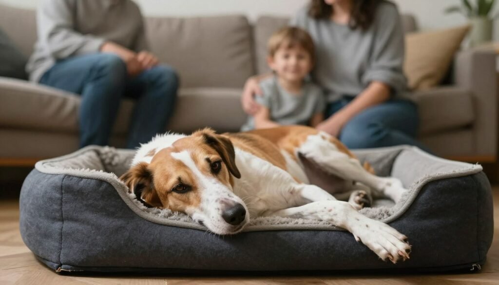 American Foxhound relaxing with family showing calm home behavior