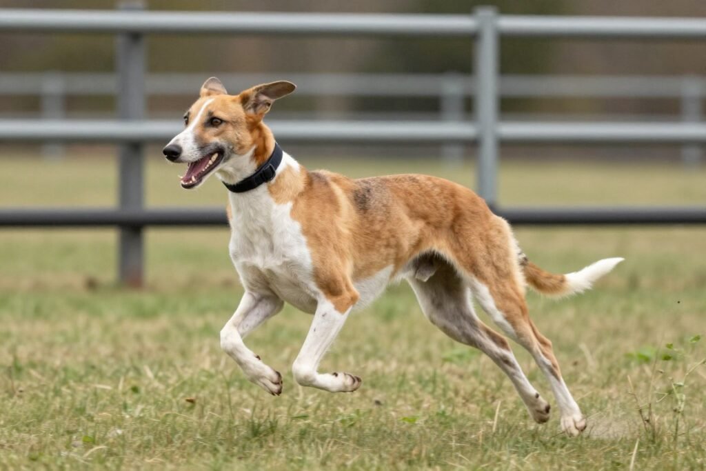 American Foxhound running freely in a secure area