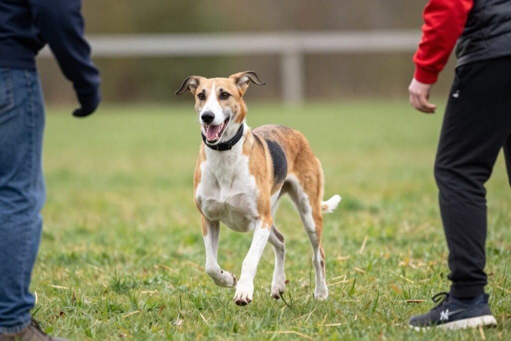 American Foxhound successfully performing recall command