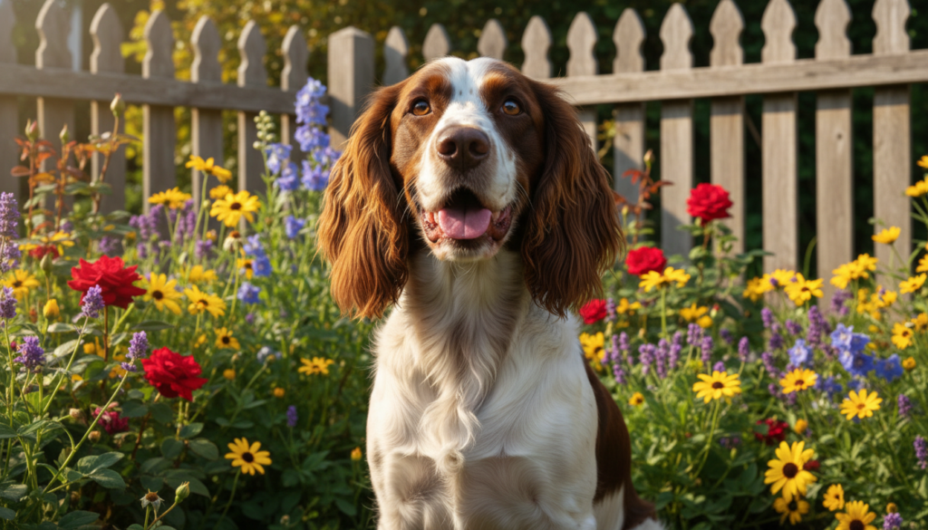 An English Springer Spaniel sits gracefully in the foreground, showcasing its distinctive features: large, soulful eyes, long, floppy ears, and a sleek, muscular build. Its coat is a beautiful blend of liver and white, with elegant feathering on the legs and ears. In the middle ground, a bright, sunlit garden filled with vibrant flowers and soft greenery enhances the dog’s playful demeanor. In the background, a quaint wooden fence adds depth and a sense of home. The scene is illuminated by warm, golden sunlight, creating a cheerful and lively atmosphere. The image captures the dog from a slightly low angle, emphasizing its energetic and friendly nature, evoking a sense of companionship and joy.
