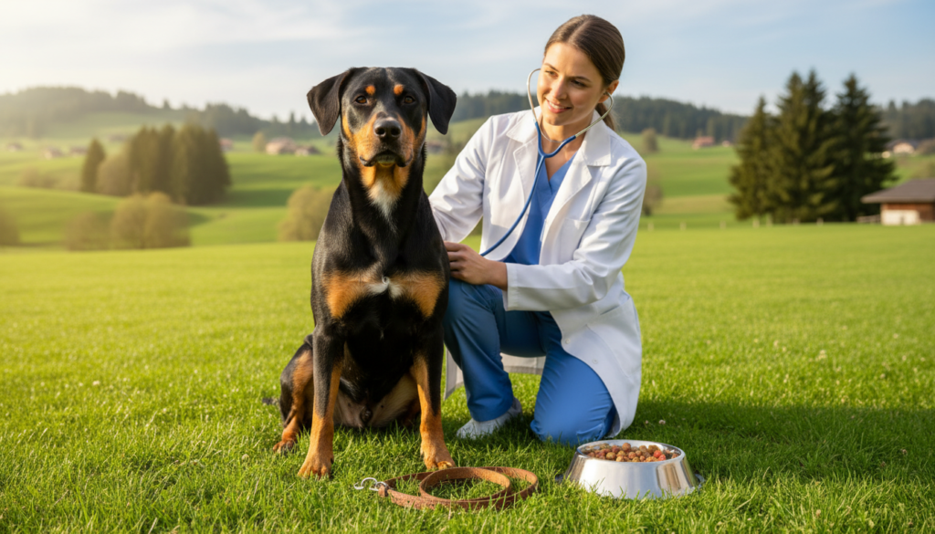 An Entlebucher Mountain Dog seated attentively on a lush green lawn, showcasing its sturdy build and striking markings. In the foreground, a close-up of a healthy dog, its fur shining under soft, natural sunlight, conveying vitality. In the middle ground, visualize a veterinarian gently examining the dog with a stethoscope, dressed in a white coat, symbolizing health care. Surrounding them are elements like a bowl of nutritious dog food and a leash, emphasizing responsible pet ownership. In the background, a serene Swiss landscape with rolling hills and blue skies, enhancing the feeling of tranquility. The overall atmosphere is warm and inviting, promoting a sense of care and well-being for dogs, focused on health considerations.
