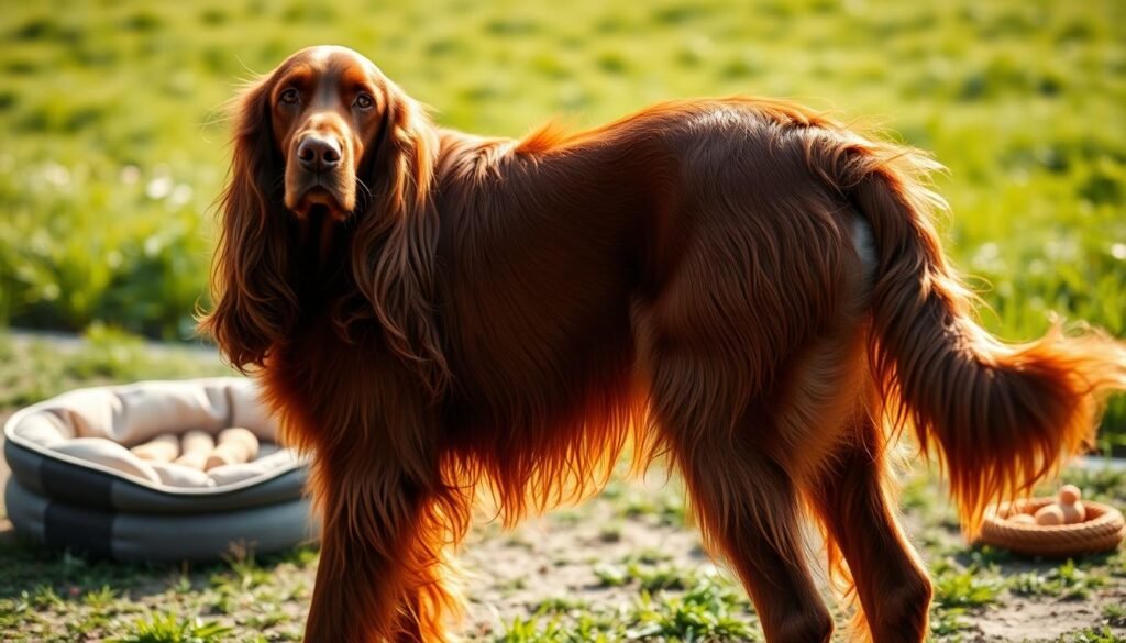 An Irish Setter standing in a natural outdoor setting, showcasing its full size and growth, with a lush green meadow in the background and soft, diffused sunlight illuminating its rich, chestnut-colored fur. The foreground features a close-up of the dog, capturing its elegant physique and long, flowing ears. In the middle ground, other contextually appropriate elements like a dog bed and toys are subtly included to imply its family-friendly nature. The angle should be slightly low to emphasize its stature, and the overall mood is warm and inviting. The lighting should be natural, enhancing the vibrant colors and details of the dog without harsh shadows.