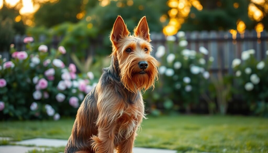 An Irish Terrier stands proudly in the foreground, showcasing its wiry, rust-colored coat and distinct beard, exuding an air of loyalty and vitality. The dog is sitting upright, looking attentively towards the viewer, highlighting its alertness and intelligence. In the middle ground, a lush green garden with blooming flowers and a wooden fence signifies a comfortable family environment. The background features a soft-focus, warm sunset, casting a golden hue over the scene, creating a peaceful atmosphere. The image is captured with a wide-angle lens, emphasizing the dog's features while ensuring the surrounding environment complements its presence. Overall, the mood conveys warmth, companionship, and the ideal family life with an Irish Terrier.