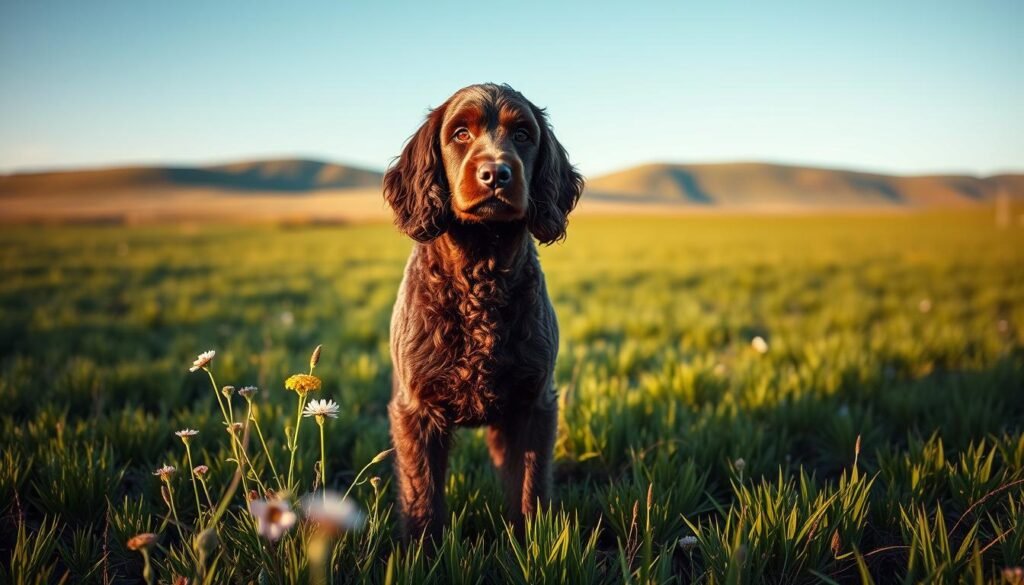 An Irish Water Spaniel standing proudly in a lush green field, showcasing its unique curly, water-resistant coat that gleams in the soft, golden afternoon light. The dog has an alert and intelligent expression, with distinctive long ears and a slight wave in its fur. In the foreground, focus on the details of the dog's coat texture and posture. The middle ground features wildflowers and grasses, while the background reveals rolling hills under a clear blue sky, evoking a peaceful, pastoral setting. The mood is serene and inviting, representing the breed's historical connection to Ireland. Use a low-angle perspective to accentuate the dog's stature and presence.