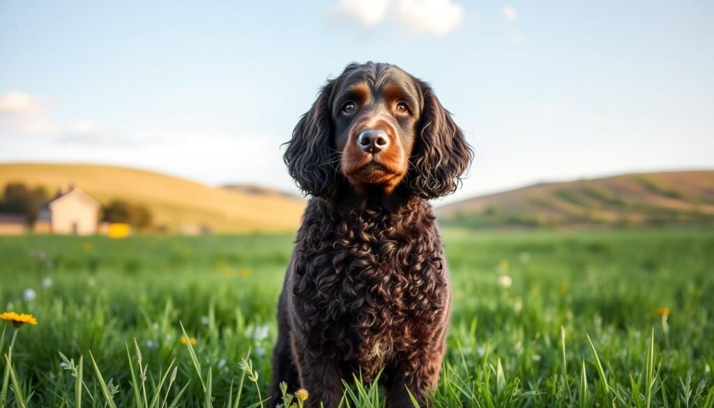 An elegant Irish Water Spaniel stands proudly in a lush green meadow, showcasing its distinctive curly, water-resistant coat that glistens in the soft afternoon sunlight. The dog’s friendly brown eyes reflect a playful yet wise demeanor, and its long, feathered ears frame its face beautifully. In the background, a peaceful landscape of rolling hills and vibrant wildflowers sets a serene atmosphere, with a few fluffy clouds softly drifting in a bright blue sky. The scene is bathed in natural light that highlights the dog’s unique features, captured from a slightly low angle to emphasize its height and grace. The composition exudes a warm and inviting mood, perfect for emphasizing the loyal and healthy nature of this beloved breed.