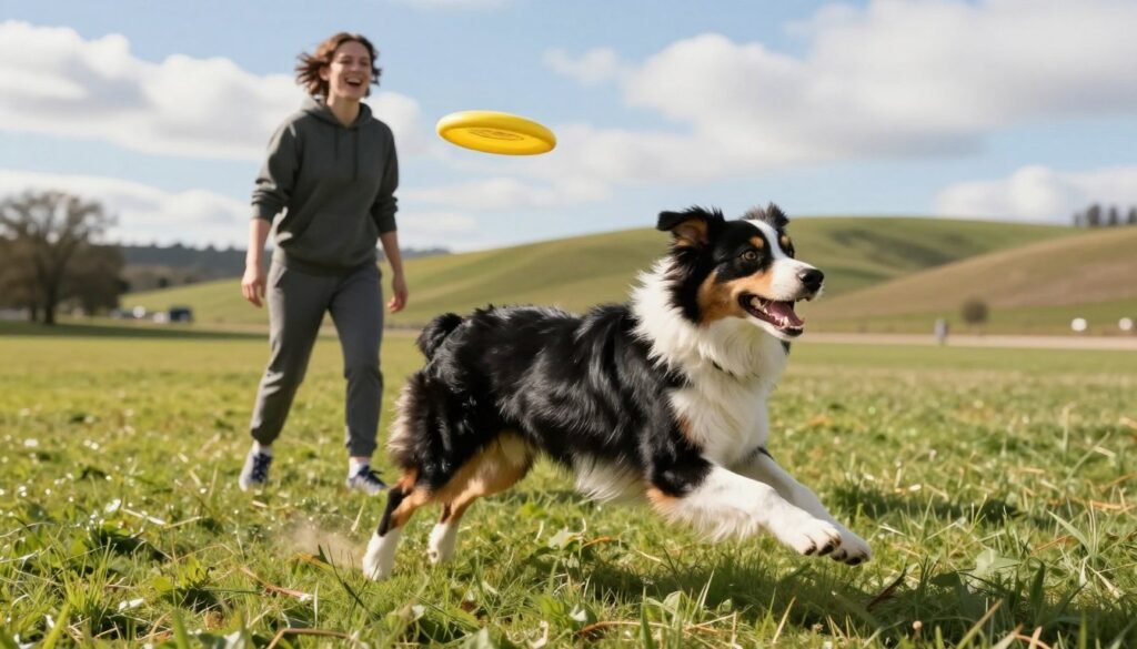 An energetic Australian Shepherd is joyfully playing in an open grassy park, showcasing its dynamic exercise needs. In the foreground, the dog is mid-leap, its fur glistening in the sunlight, reflecting shades of black, white, and tan. In the middle ground, a person in casual athletic wear stands throwing a frisbee, encouraging the dog to chase after it, with looks of excitement on their faces. The background features gentle rolling hills and a blue sky dotted with soft clouds, conveying a warm, sunny atmosphere. The lighting is bright and natural, creating vivid colors and a cheerful mood. The composition captures the joy and vitality associated with exercising an Australian Shepherd.