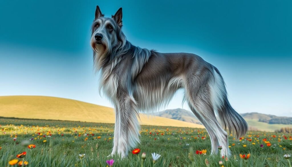 An imposing Irish Wolfhound stands majestically in the foreground, showcasing its impressive height and stature. The dog's long, flowing coat glistens in soft natural light, highlighting shades of gray and white. Its sturdy build and strong legs reflect the breed's powerful nature. In the middle ground, a lush green grassy field gently slopes, scattered with vibrant wildflowers that complement the dog's colors. In the background, a serene landscape features rolling hills under a clear blue sky, creating a tranquil atmosphere. The angle emphasizes the dog's size, capturing a low perspective that showcases its towering presence. The overall mood is calm and majestic, reflecting the dignified temperament of the Irish Wolfhound.