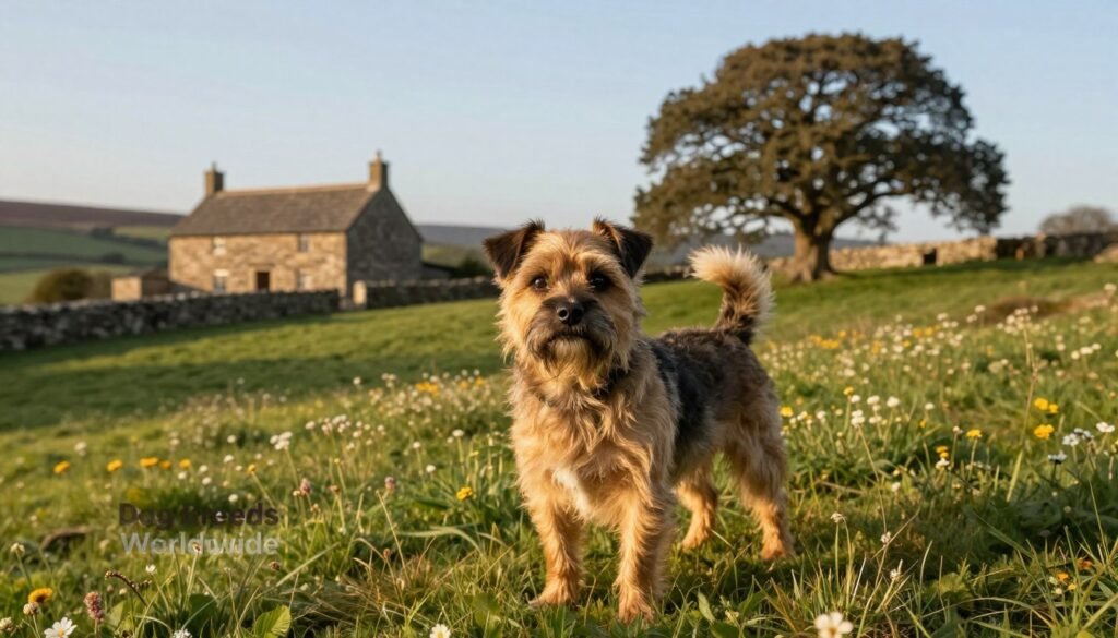 Border Terrier in a historical landscape