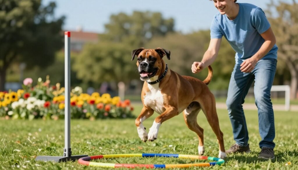 Boxer dog actively training in a vibrant park setting, showcasing a happy, muscular boxer with a smooth, short coat of tan and white. In the foreground, the dog is jumping through a colorful agility hoop, with its ears perked and a joyful expression. A first-time dog owner, a young adult in a casual blue shirt and jeans, stands nearby, holding a treat and encouraging the dog with a smile. In the middle ground, bright green grass and colorful flowers create an inviting atmosphere. The background features soft-focus trees under a clear blue sky, casting warm, natural sunlight over the scene. Capture the energy and companionship of training sessions, evoking a sense of joy and enthusiasm.