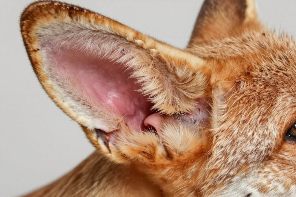 Close-up of American Foxhound ear showing healthy ear interior