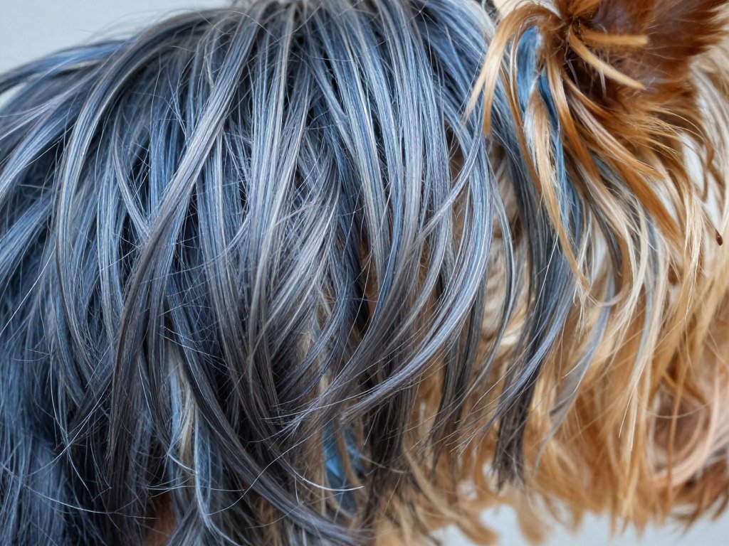 Close-up of Yorkshire Terrier coat showing texture and color
