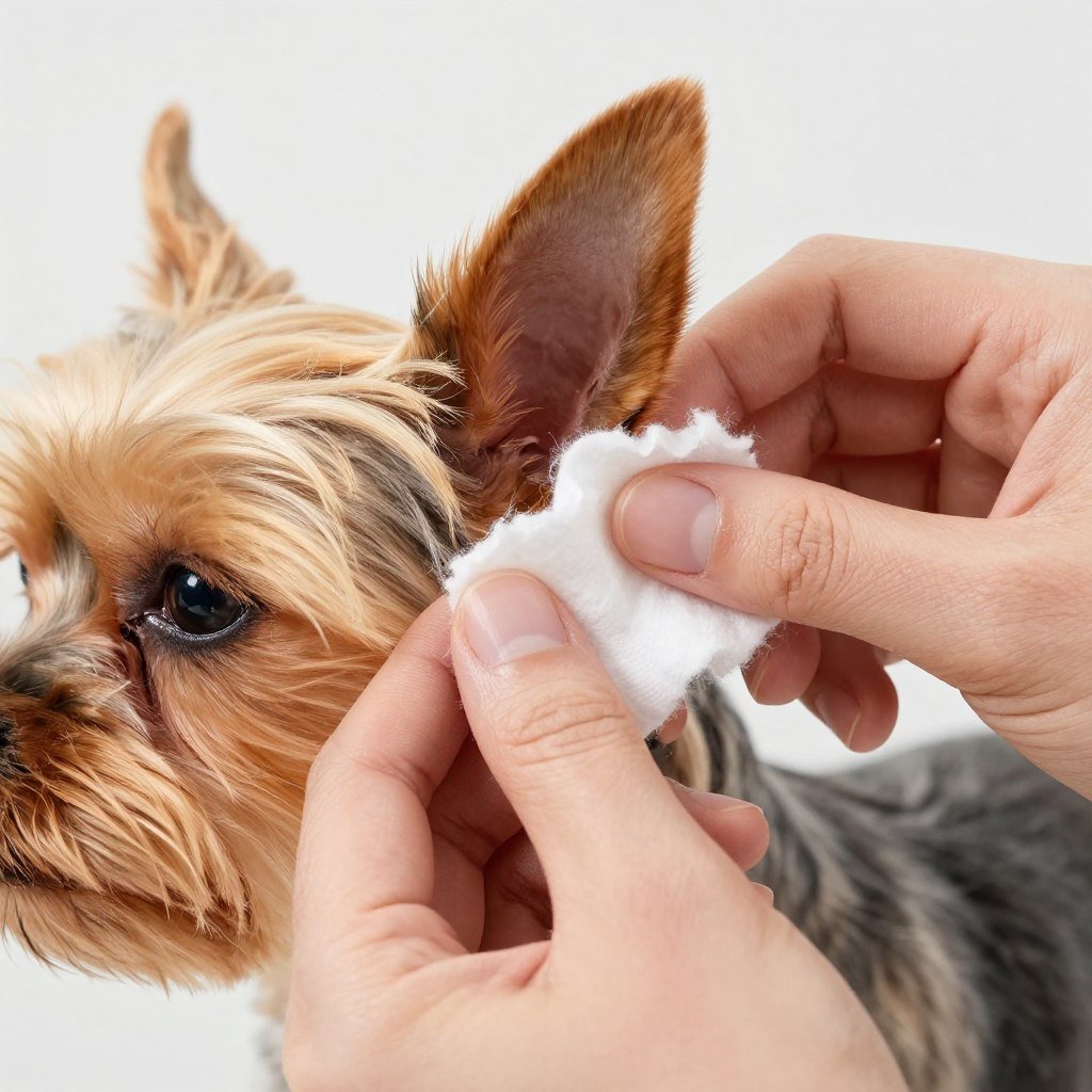 Close-up of Yorkshire Terrier ear being cleaned