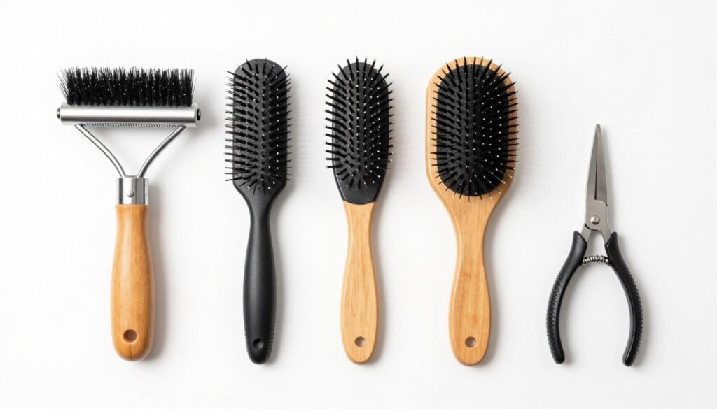 Collection of grooming tools for Akita coat care