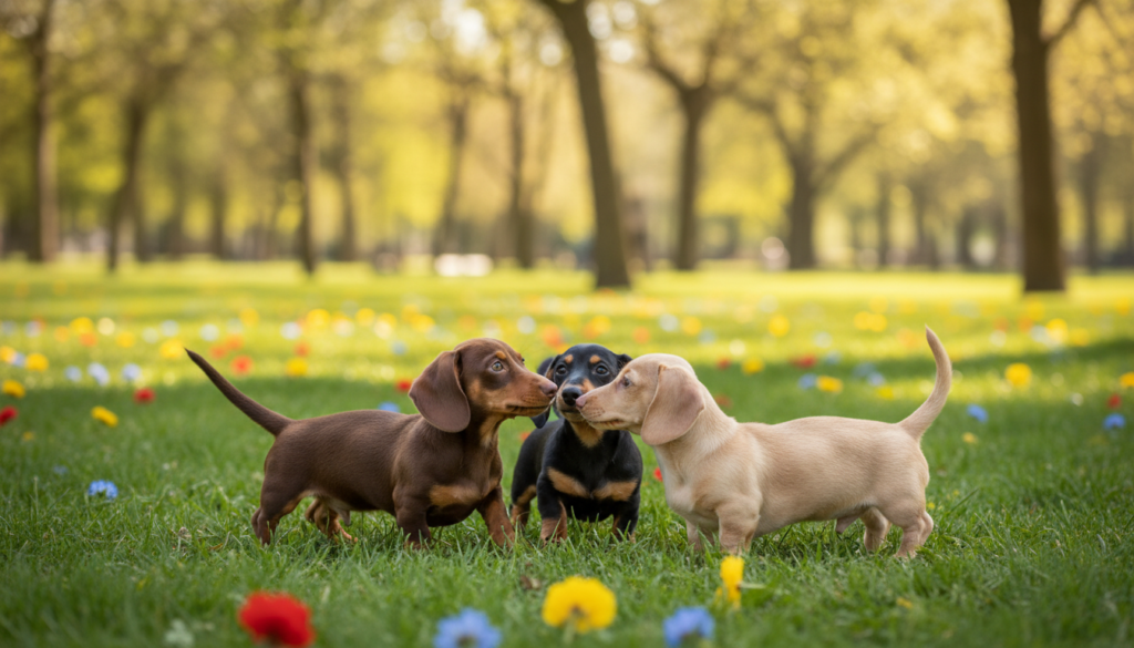 Dachshund puppies playing together in a sunlit park. In the foreground, three adorable, short-legged puppies with smooth, shiny coats—one chocolate brown, one black and tan, and one cream—are happily interacting, wagging their tails enthusiastically. In the middle ground, a lush green lawn dotted with colorful flowers complements their playful energy, while their cheerful expressions reflect curiosity and liveliness. The background features soft-focus trees with dappled sunlight filtering through, creating a warm, inviting atmosphere. Capture the scene with a shallow depth of field to highlight the puppies, using natural lighting to enhance their vibrant coats and playful antics. This image embodies a joyful sense of socialization and interaction among the lovable Dachshunds.