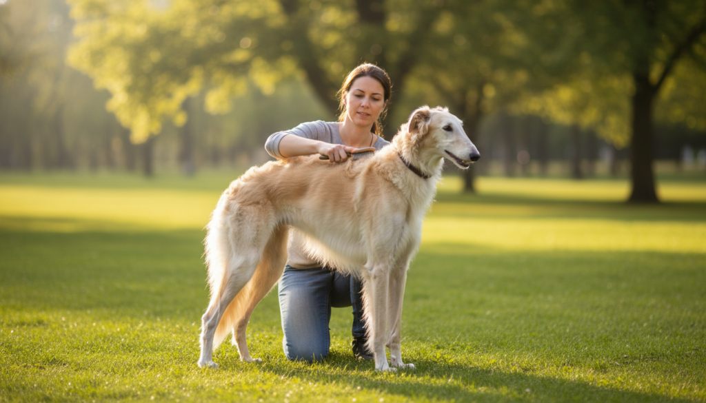 Foreground: A graceful Borzoi dog with a sleek, elegant coat, standing attentively on a grassy field, its features embodying vitality and health. Middle: A human caregiver, dressed in modest casual clothing, gently grooming the Borzoi with a brush, showcasing the importance of regular care and maintenance. Background: A serene park setting, with soft sunlight filtering through the trees, creating a calming atmosphere. Technical details: Soft natural lighting highlights the dog’s coat, and the focus is sharp on the Borzoi while slightly blurring the background to emphasize the interaction. Mood: The image conveys a sense of harmony between the dog and its caregiver, highlighting the devotion to health considerations in pet care, exuding warmth and affection.