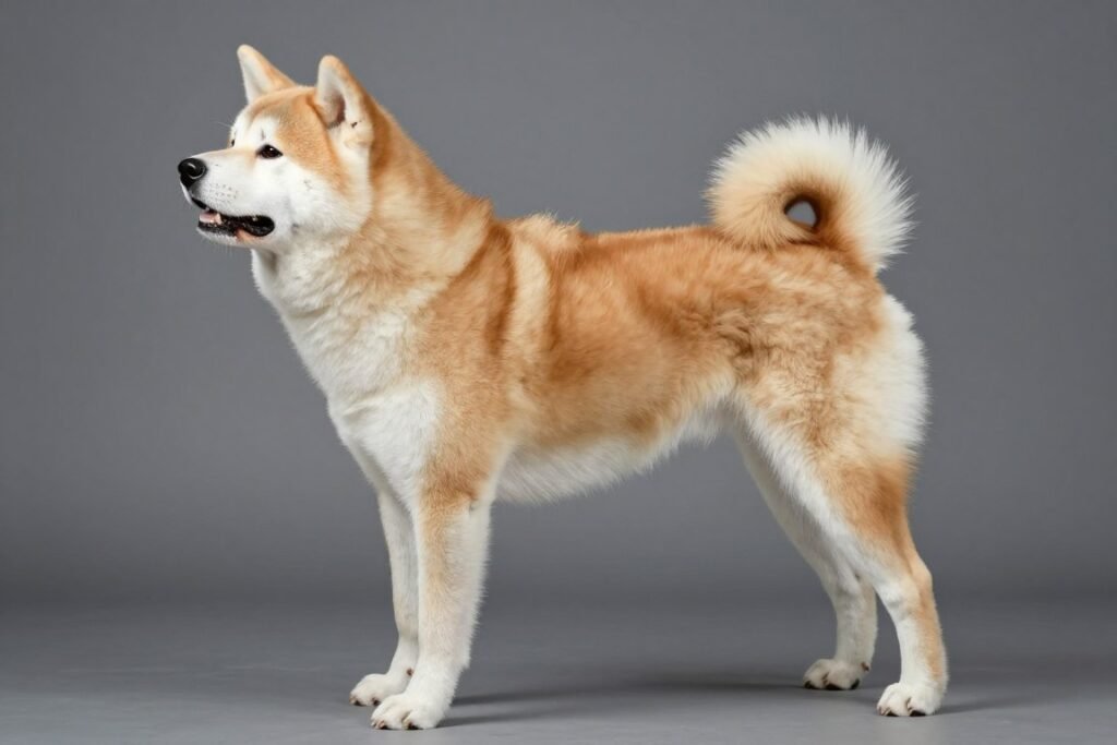 Full body profile of Akita dog showing breed standard conformation
