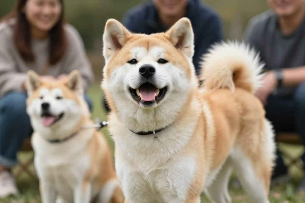 Happy Akita dog living their best life with family