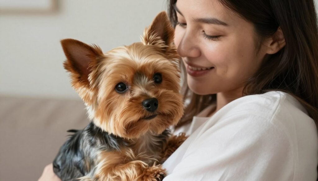 Happy Yorkshire Terrier with loving owner