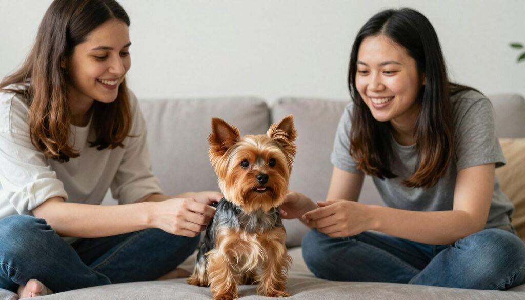 Happy family with Yorkshire Terrier in ideal home environment