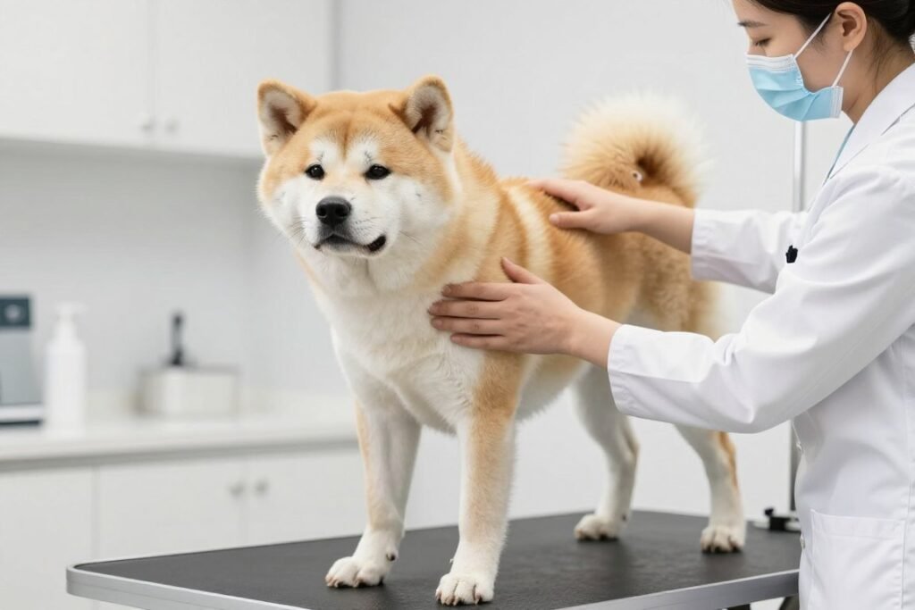 Healthy Akita dog receiving veterinary examination