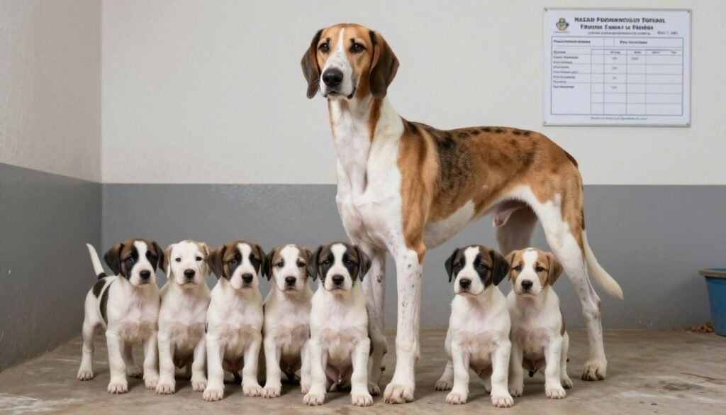 Healthy American Foxhound mother with puppies