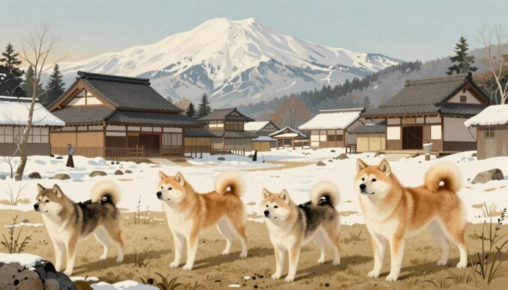Historical illustration showing Akita dogs in traditional Japanese mountain setting