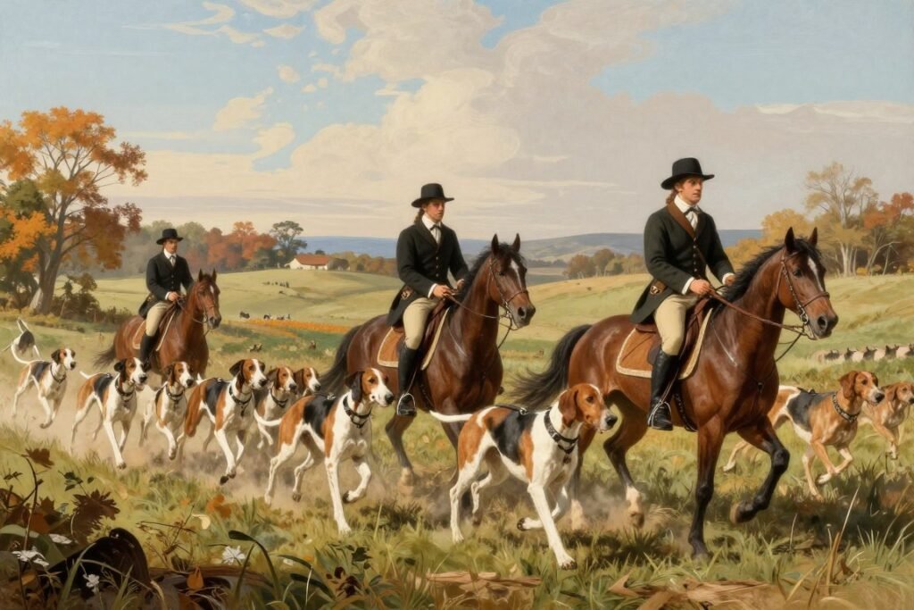 Historical illustration showing American Foxhounds during colonial-era fox hunting