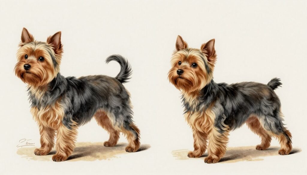 Historical illustration showing Yorkshire Terrier evolution from working dog to companion