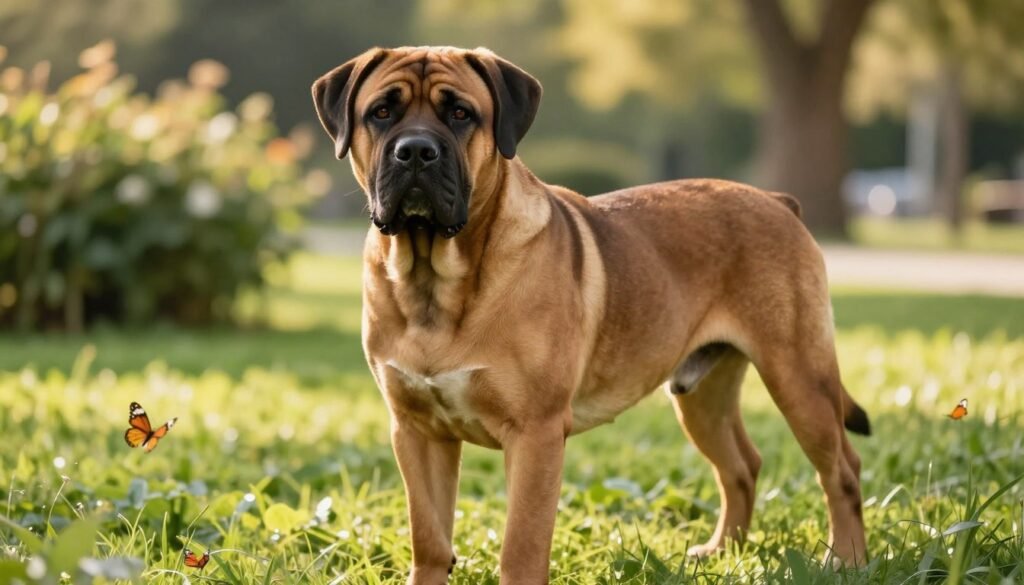 Imagine a serene and wholesome scene featuring a majestic Bullmastiff, symbolizing health and longevity. In the foreground, the Bullmastiff proudly stands, showcasing its muscular build and shiny coat, exuding a sense of vitality. Its eyes are bright and alert, reflecting a friendly and loyal demeanor. In the middle ground, include lush green grass and a few playful butterflies, enhancing the atmosphere of a healthy outdoor environment. The background features soft, blurred shrubs and trees, creating a tranquil park setting bathed in warm, golden sunlight. Use a slightly angled perspective to highlight the Bullmastiff’s stature, ensuring a warm and inviting mood that emphasizes the breed's suitability as a loving family companion. Imagine a serene and wholesome scene featuring a majestic Bullmastiff, symbolizing health and longevity. In the foreground, the Bullmastiff proudly stands, showcasing its muscular build and shiny coat, exuding a sense of vitality. Its eyes are bright and alert, reflecting a friendly and loyal demeanor. In the middle ground, include lush green grass and a few playful butterflies, enhancing the atmosphere of a healthy outdoor environment. The background features soft, blurred shrubs and trees, creating a tranquil park setting bathed in warm, golden sunlight. Use a slightly angled perspective to highlight the Bullmastiff’s stature, ensuring a warm and inviting mood that emphasizes the breed's suitability as a loving family companion.