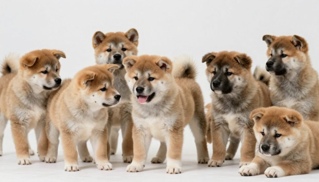 Litter of Akita puppies showing different personalities