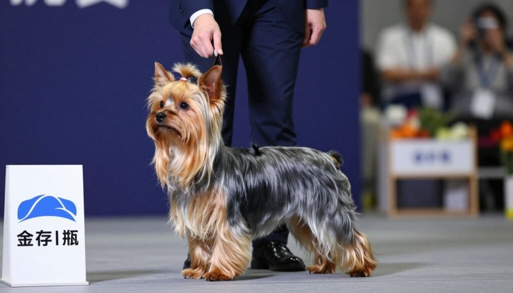 Modern Yorkshire Terrier at dog show with handler