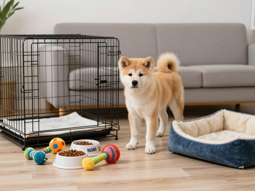 New Akita puppy arriving in prepared home environment