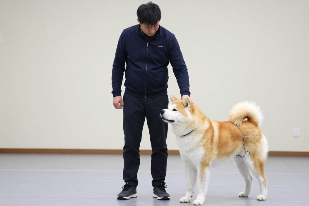 Owner demonstrating confident leadership with Akita dog
