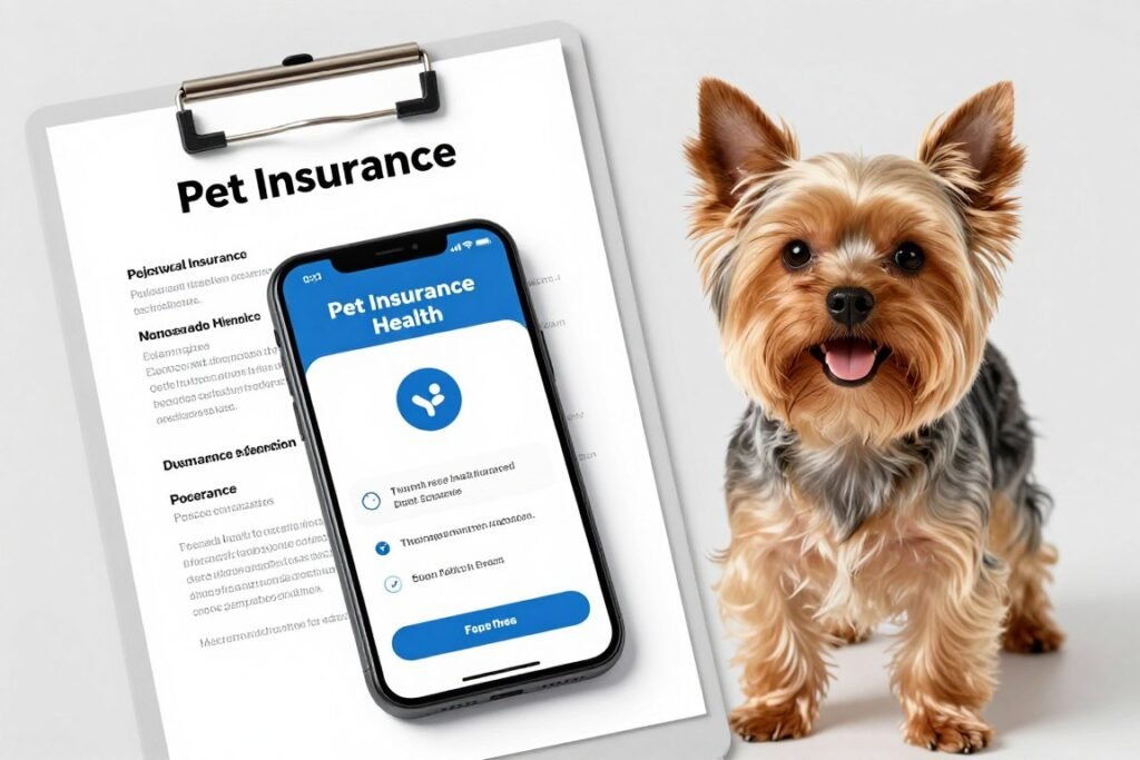 Pet insurance documents and happy Yorkshire Terrier