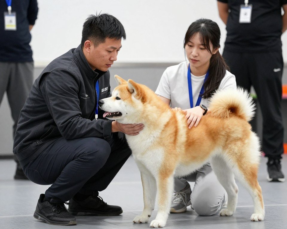 Professional dog trainer working with Akita