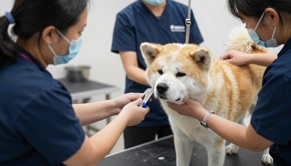 Rescued Akita dog receiving care