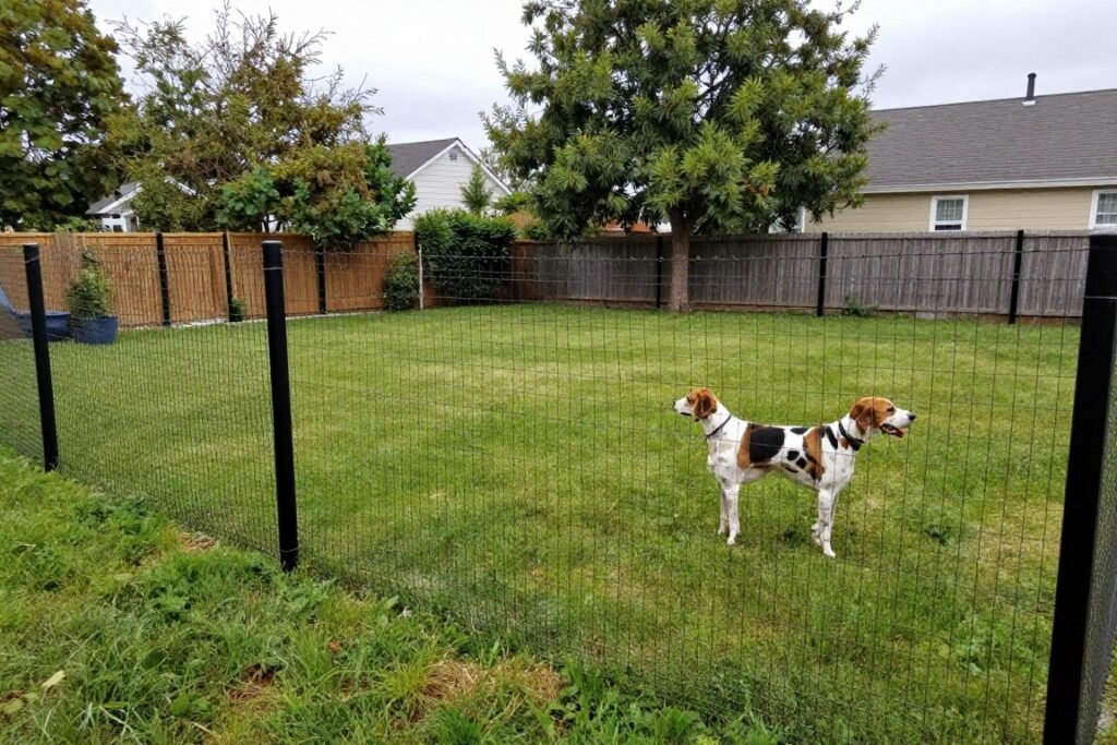 Securely fenced yard suitable for American Foxhounds