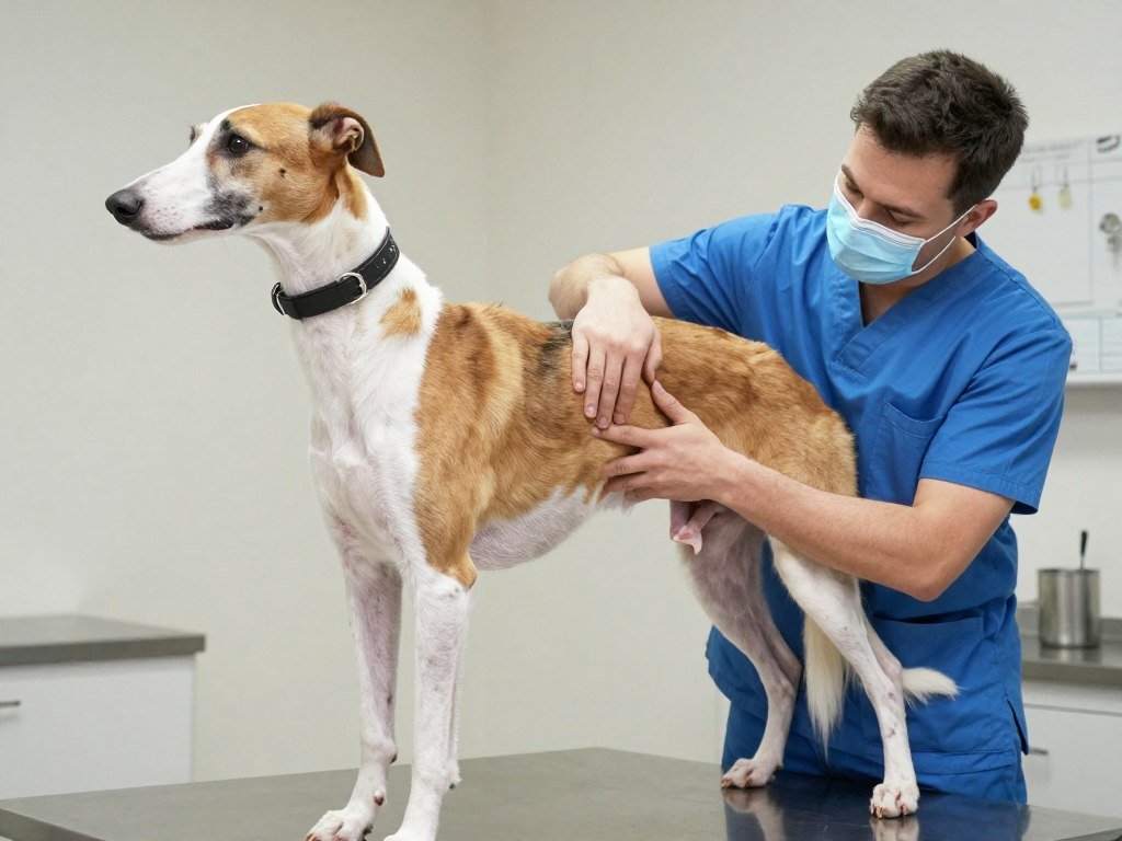Veterinarian examining American Foxhound hips