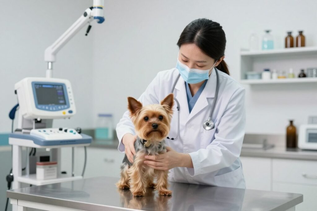 Veterinarian examining Yorkshire Terrier