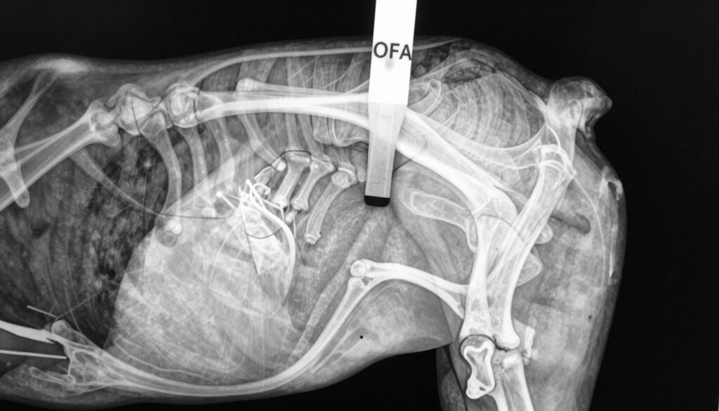 Veterinary radiograph showing hip joint evaluation