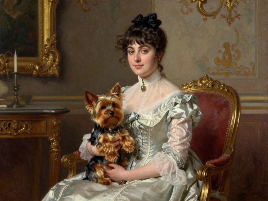 Victorian era painting of woman holding Yorkshire Terrier
