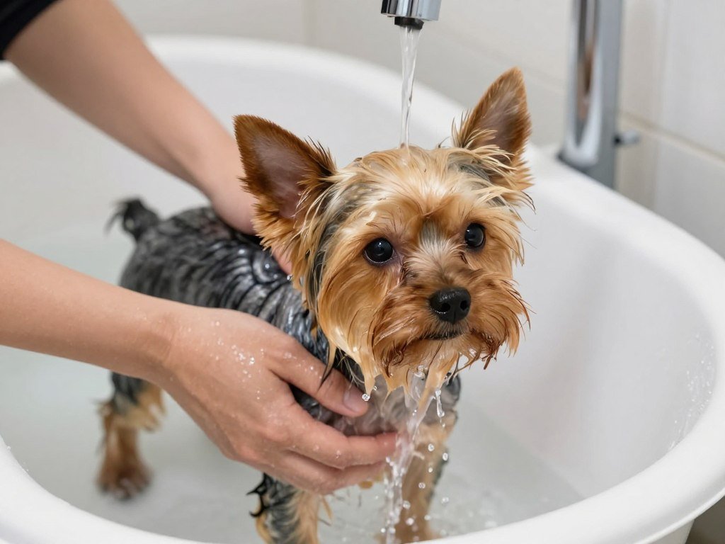 Yorkshire Terrier being bathed