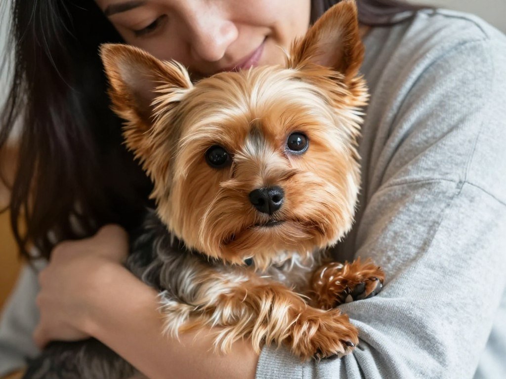 Yorkshire Terrier cuddling with owner