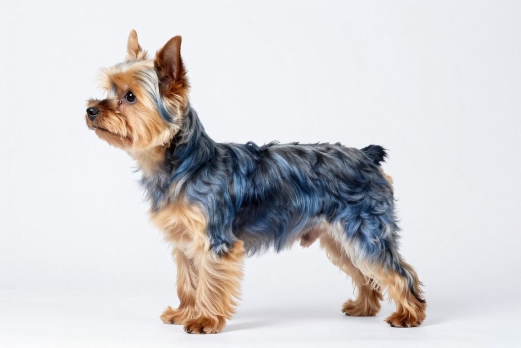 Yorkshire Terrier full body profile showing breed standard characteristics