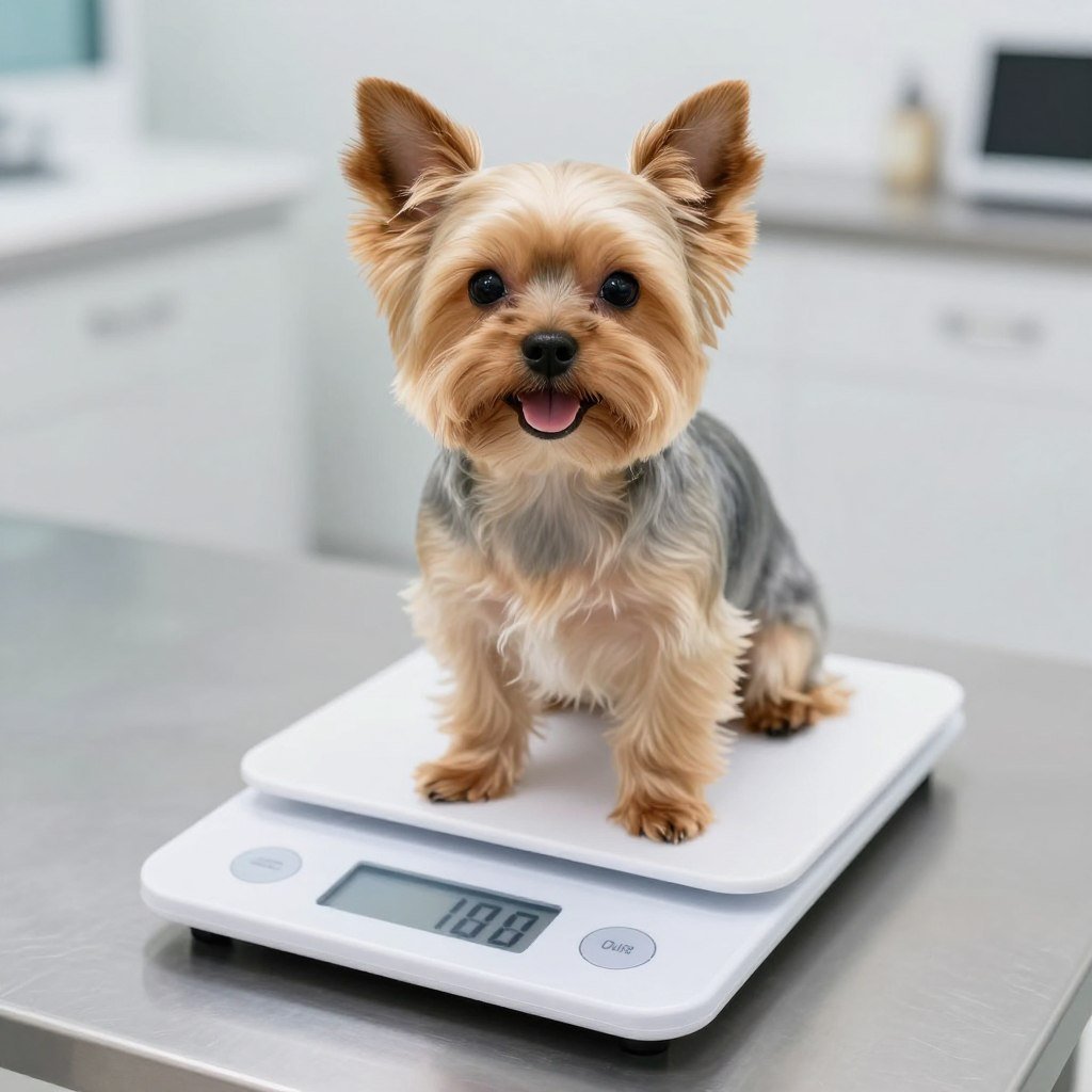 Yorkshire Terrier on scale showing proper weight measurement