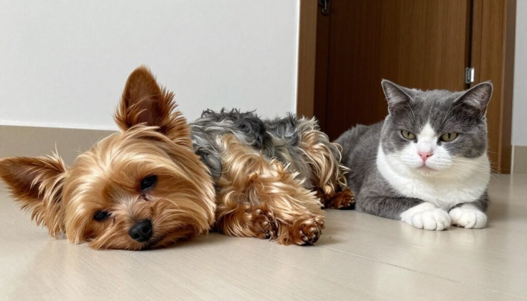 Yorkshire Terrier peacefully coexisting with another pet