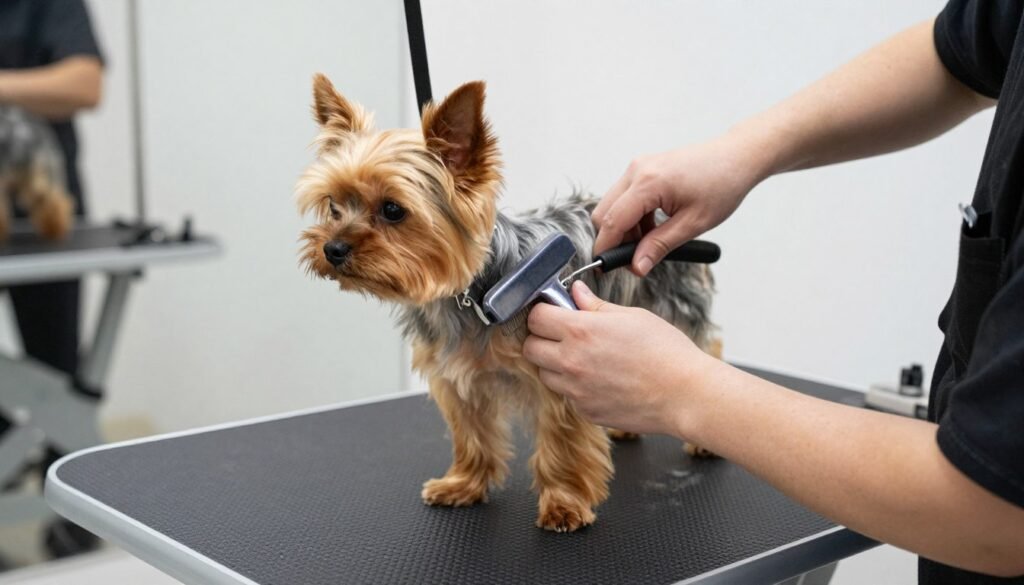Yorkshire Terrier receiving professional grooming