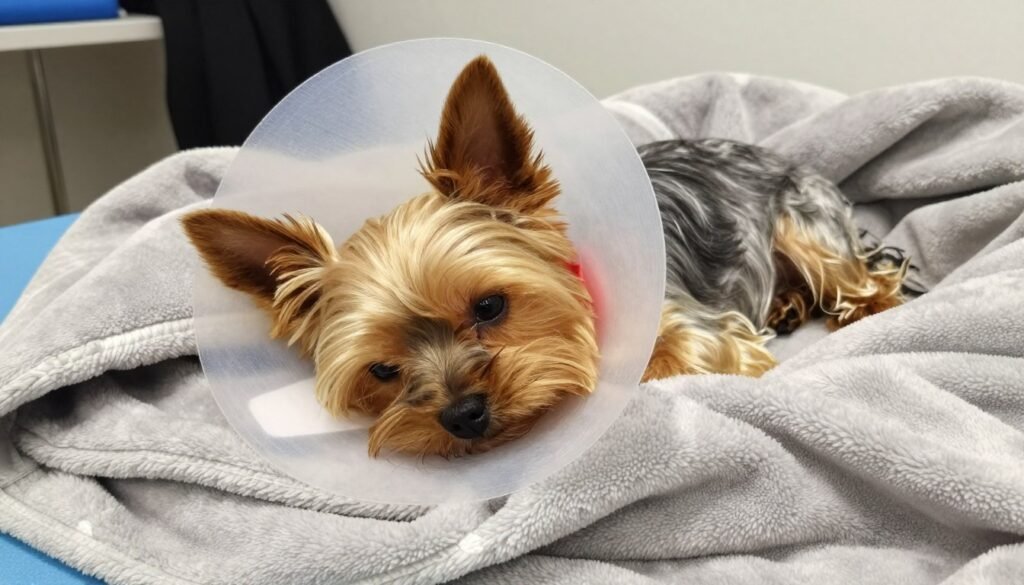 Yorkshire Terrier recovering after veterinary procedure